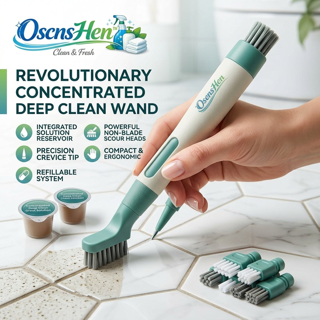 OscnsHen™ 3-in-1 Deep Clean Wand | Handheld Grout and Crevice Cleaning Brush with Integrated Solution Reservoir, Precision Detail Tip & 5 Replaceable Scour Heads | Refillable Tile & Joint Scrubber for Kitchen & Bathroom