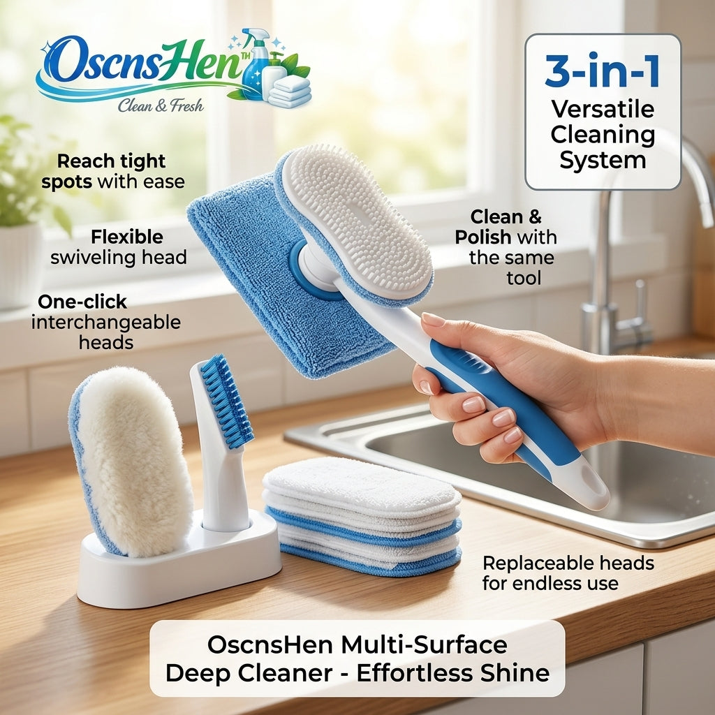 OscnsHen™ 3-in-1 Multi-Surface Deep Cleaner - Versatile Cleaning Brush System with Flexible Swivel Head, One-Click Interchangeable Microfiber Pads, Silicone Scrubber, Buffing Brush & Detail Crevice Tool for Kitchen, Bathroom, Tile & Countertops