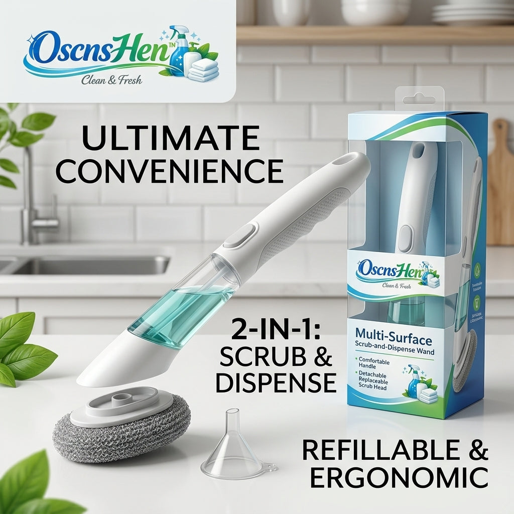 OscnsHen™ 2-in-1 Soap Dispensing Dish Wand | Refillable Multi-Surface Kitchen Scrub Brush with Detachable Steel Mesh Scrub Head & Easy-Fill Funnel | Ergonomic Non-Slip Grip Scrubber for Pots, Pans, Plates, and Sinks
