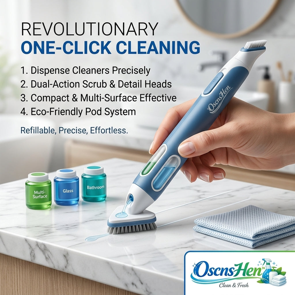 OscnsHen™ 2-in-1 Liquid Dispensing Cleaning Brush - Multipurpose Grout Scrubber with Precision Dispenser, Refillable Deep Cleaning Wand for Bathroom Tile, Kitchen Countertops, Glass, and Window Tracks
