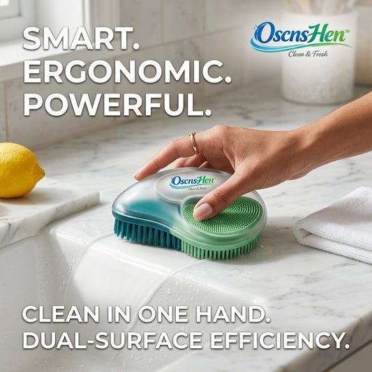 OscnsHen™ Dual-Sided Scrub Brush | Ergonomic Handheld Kitchen & Bathroom Cleaning Brush | Multi-Purpose Power Scrubber with Stiff Bristles & Soft Silicone Side for Dishes, Sink, Grout & Countertops