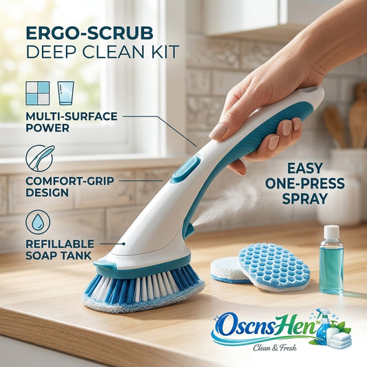 OscnsHen™ Ergo-Scrub Deep Clean Kit | Soap Dispensing Scrub Brush with Easy One-Press Spray | Multi-Surface Cleaning Brush Set for Kitchen, Bathroom, Tile, Shower & Dishes | Includes 2 Replaceable Sponge Pads