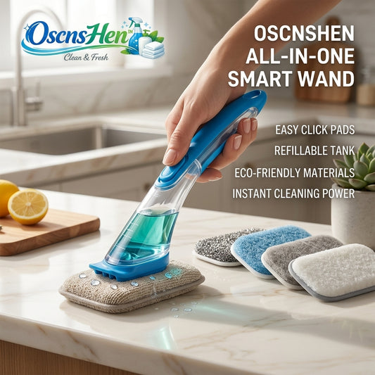 OscnsHen™ All-in-One Smart Wand | Soap Dispensing Dish Wand with 5 Interchangeable Click-On Scrub Pads | Refillable Kitchen Cleaning Brush for Dishes, Pots, Pans & Countertops