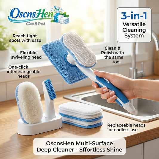 OscnsHen™ 3-in-1 Multi-Surface Deep Cleaner - Versatile Cleaning Brush System with Flexible Swivel Head, One-Click Interchangeable Microfiber Pads, Silicone Scrubber, Buffing Brush & Detail Crevice Tool for Kitchen, Bathroom, Tile & Countertops