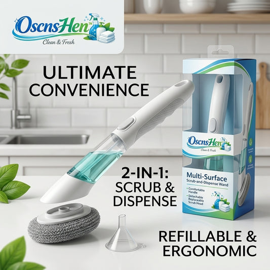 OscnsHen™ 2-in-1 Soap Dispensing Dish Wand | Refillable Multi-Surface Kitchen Scrub Brush with Detachable Steel Mesh Scrub Head & Easy-Fill Funnel | Ergonomic Non-Slip Grip Scrubber for Pots, Pans, Plates, and Sinks